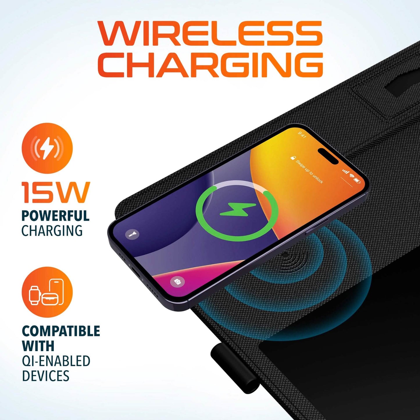 Wireless charging pad with smartphone on a white background, highlighting 15W powerful charging capability.
