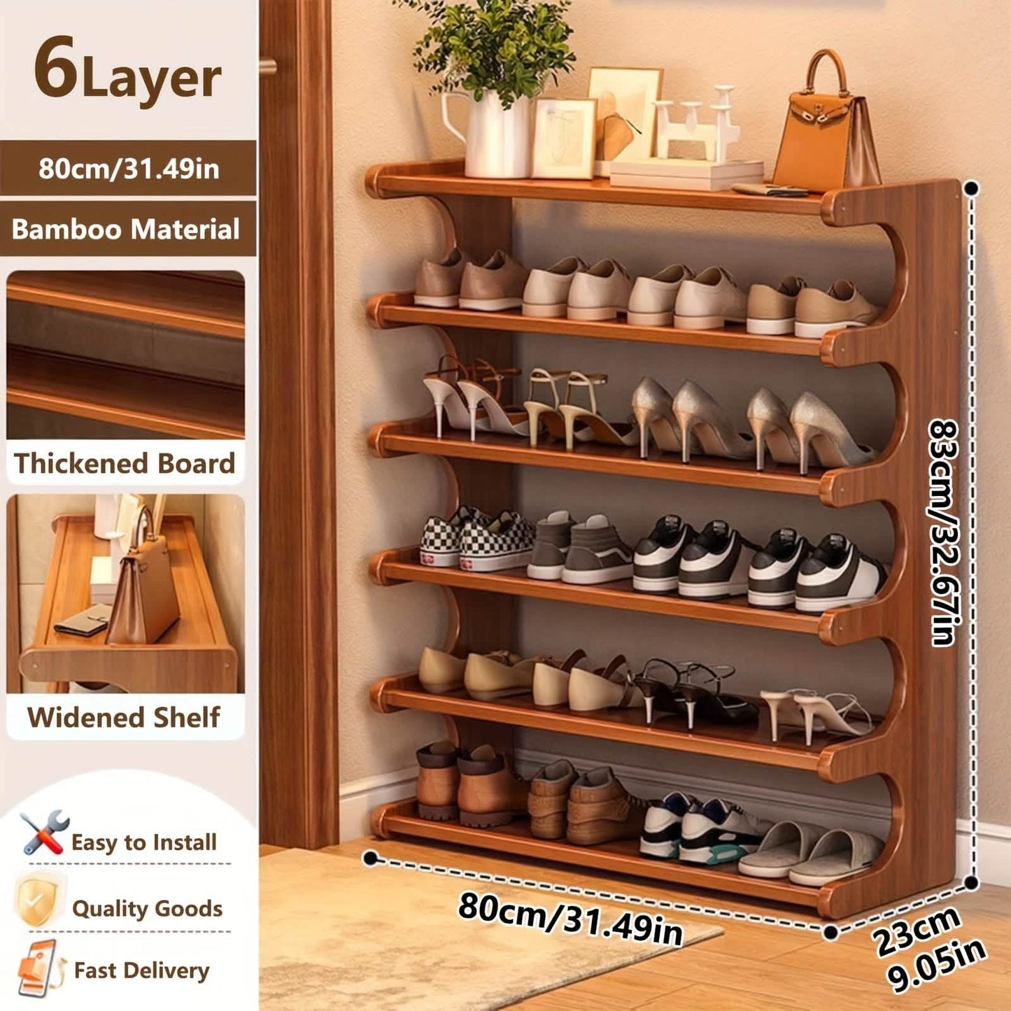 bamboo shoe rack organizer - 5 or 6 tier storage shelf in a entryway or closet setup