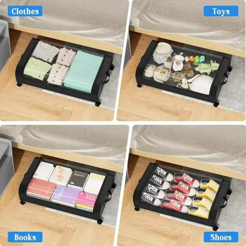 under-bed storage drawer with wheels - clear window and label in a bedroom setup