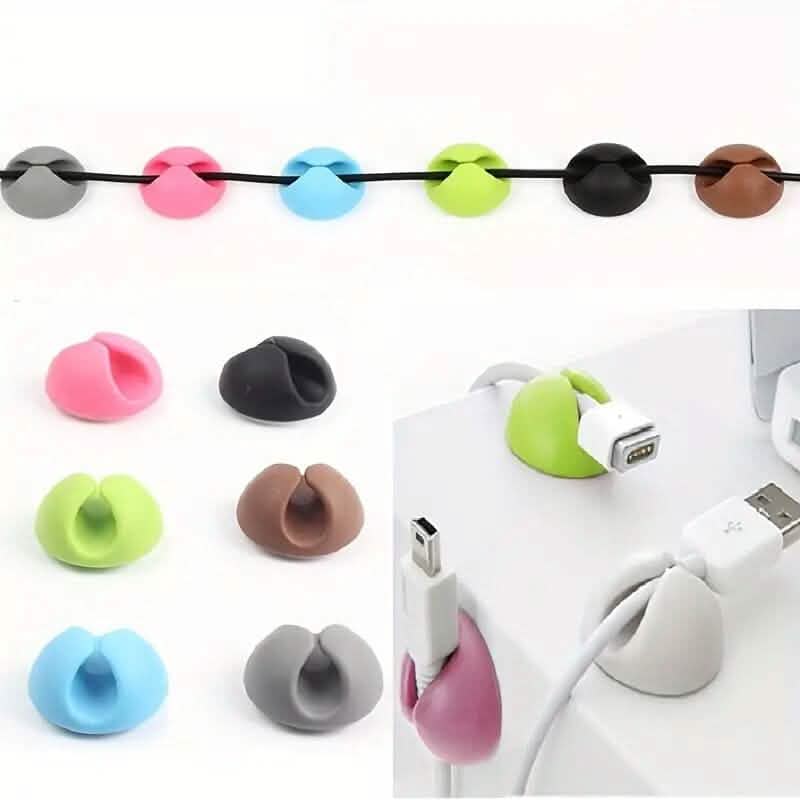 wire holder and cable organizer 10-pack - adhesive cord clips in a desk or nightstand setup