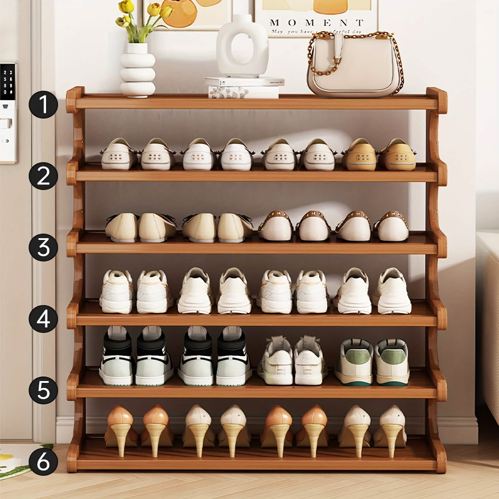 Bamboo Shoe Rack Organizer - 5 or 6 Tier Storage Shelf organizer detail