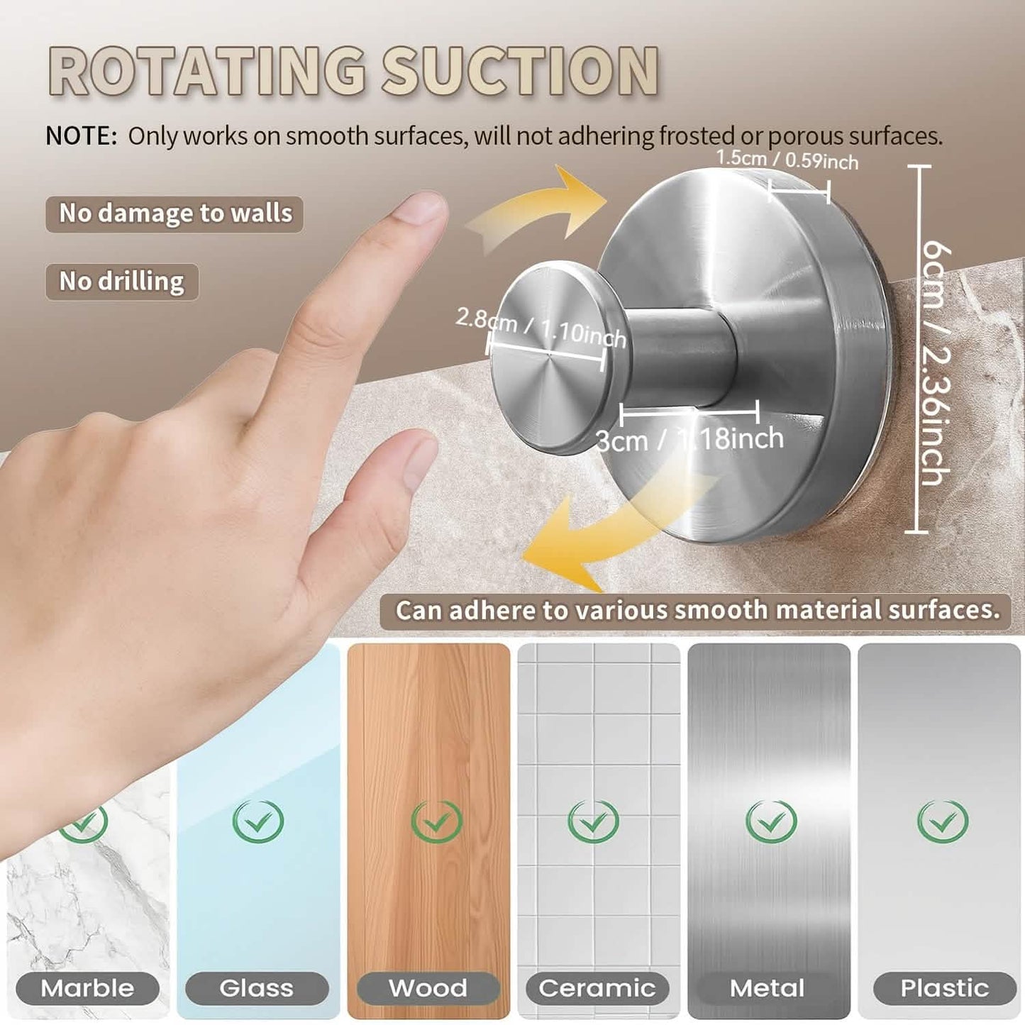 Strong Suction Cup Hooks 2-Pack - No-Drill Stainless Steel organizer detail