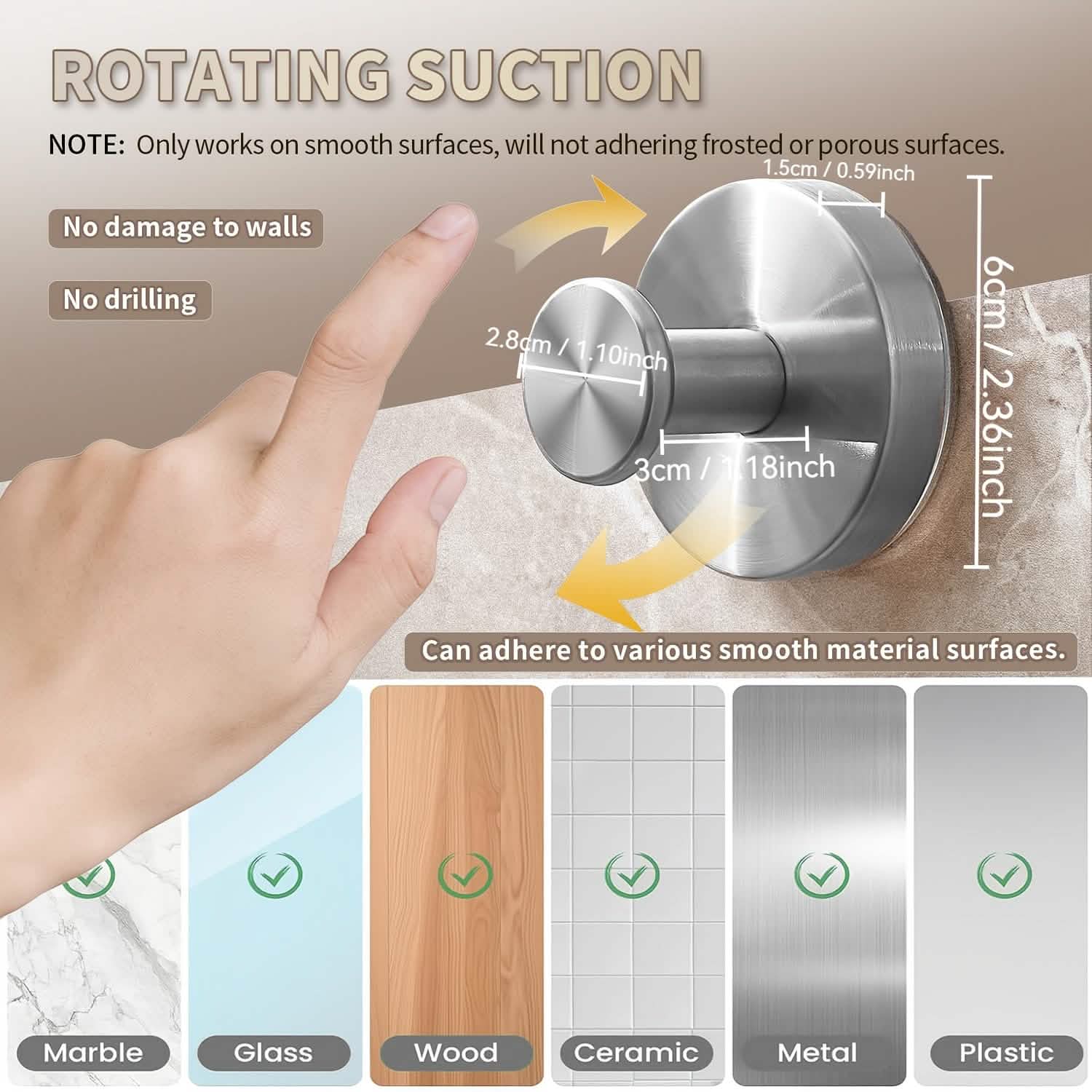 Strong Suction Cup Hooks 2-Pack - No-Drill Stainless Steel organizer detail