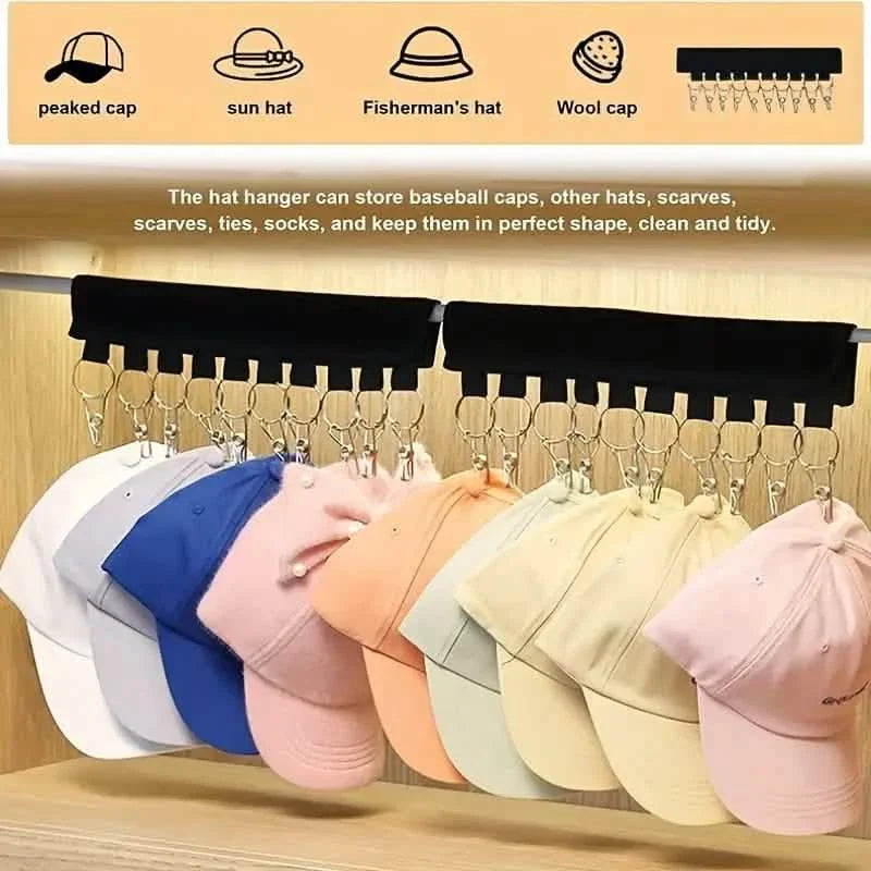 baseball cap organizer hanger 2-pack - closet & travel hat clips in a closet setup