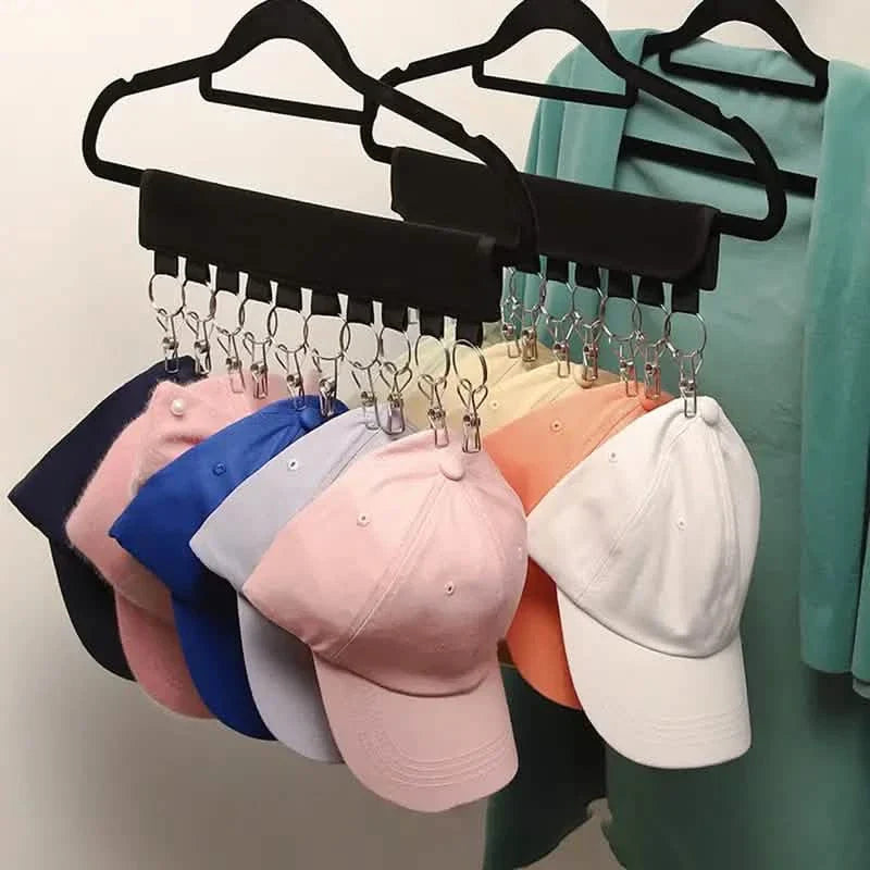 baseball cap organizer hanger 2-pack - closet & travel hat clips in a closet setup
