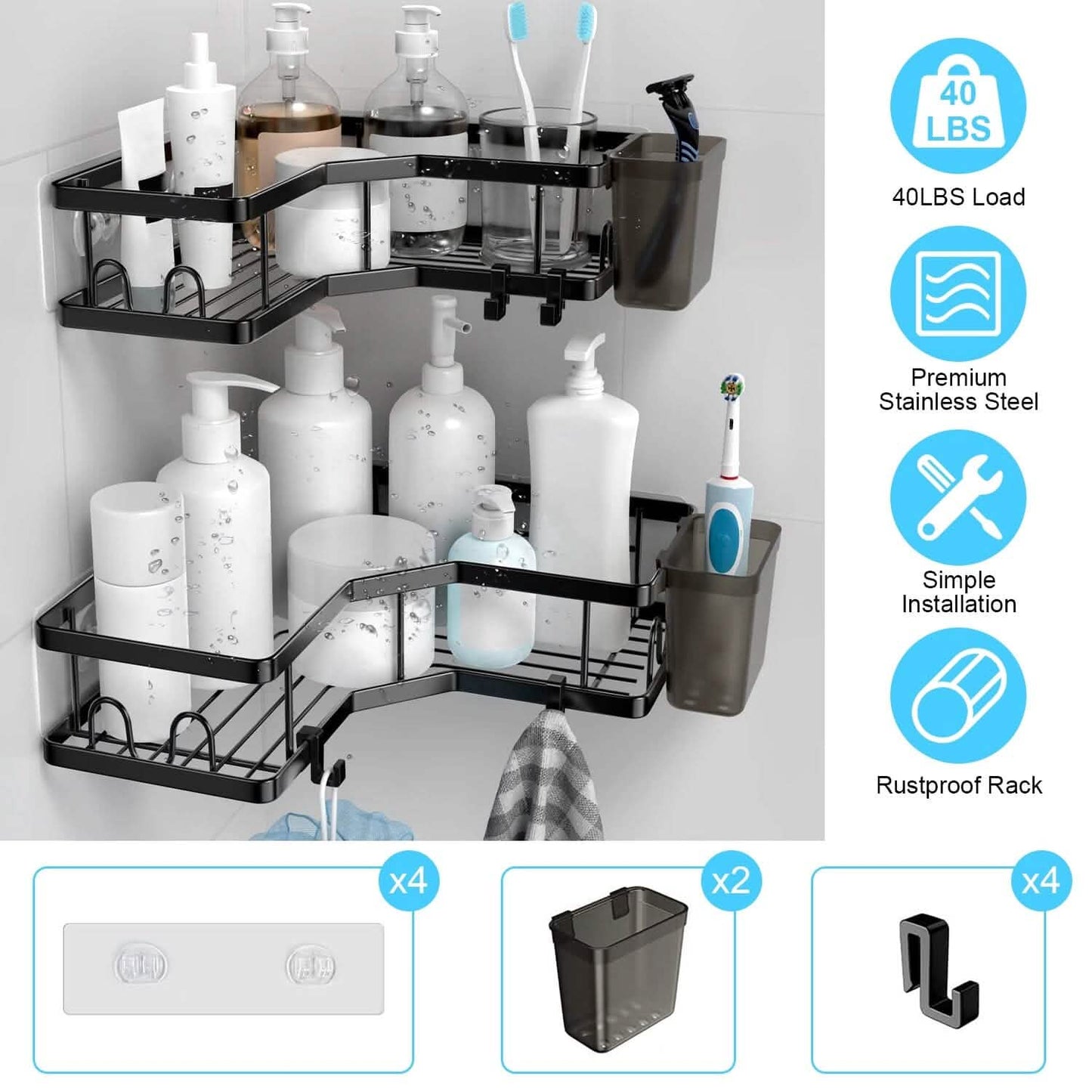 corner shower caddy 2-pack - no-drill adhesive bathroom organizer in a shower setup