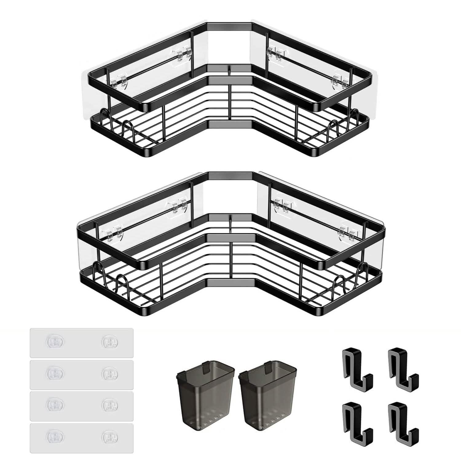 corner shower caddy 2-pack - no-drill adhesive bathroom organizer in a shower setup