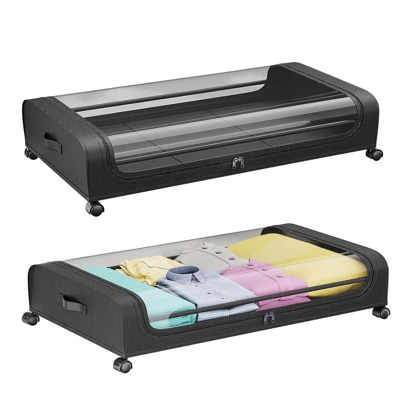 under-bed storage drawer with wheels - clear window and label in a bedroom setup