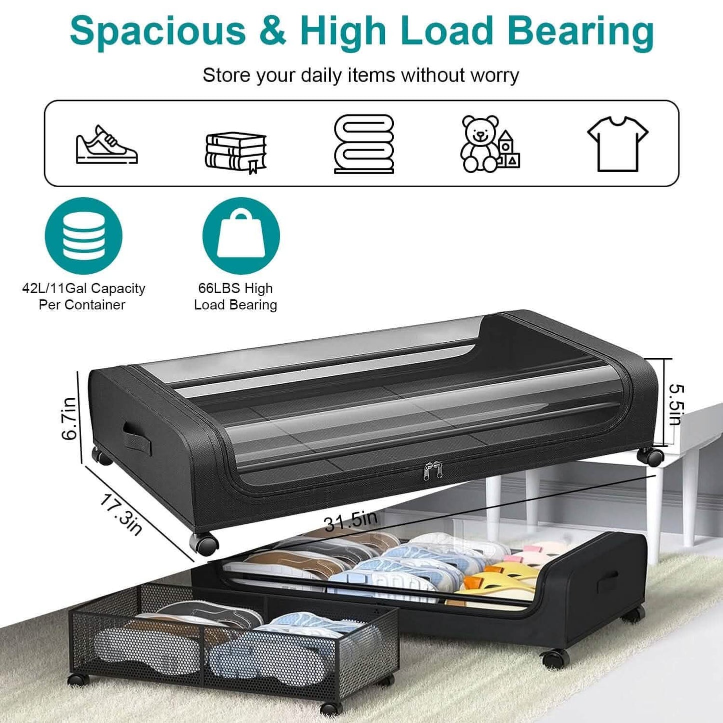Under-Bed Storage Drawer with Wheels - Clear Window and Label organizer detail