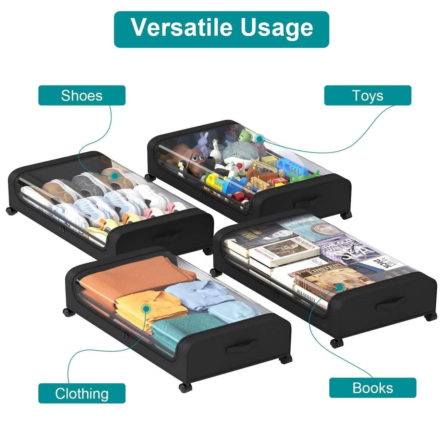 under-bed storage drawer with wheels - clear window and label in a bedroom setup