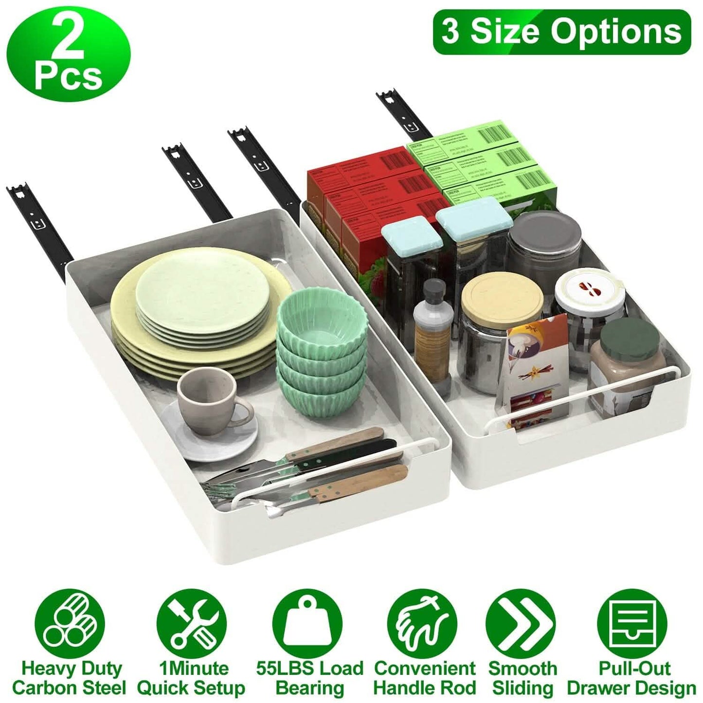 Pull-Out Cabinet Organizer 2-Pack - Slide-Out Storage Drawers organizer detail