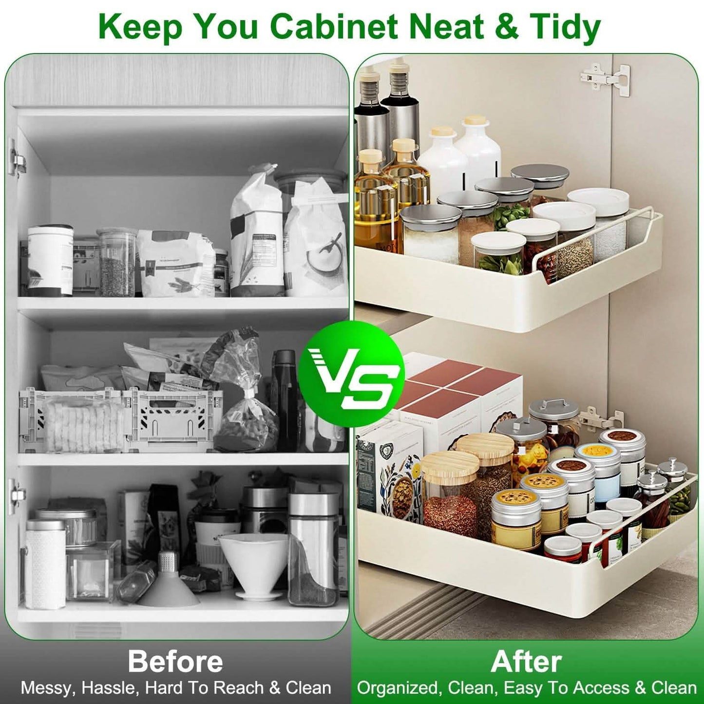 space-saving pull out cabinet organizer for small kitchens, apartments, and hard-to-reach cabinets