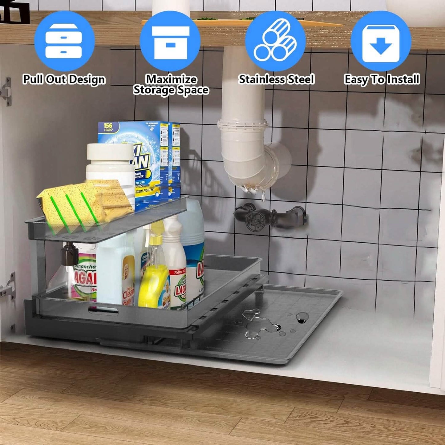 space-saving under sink organizer for apartments, dorm bathrooms, and compact kitchens