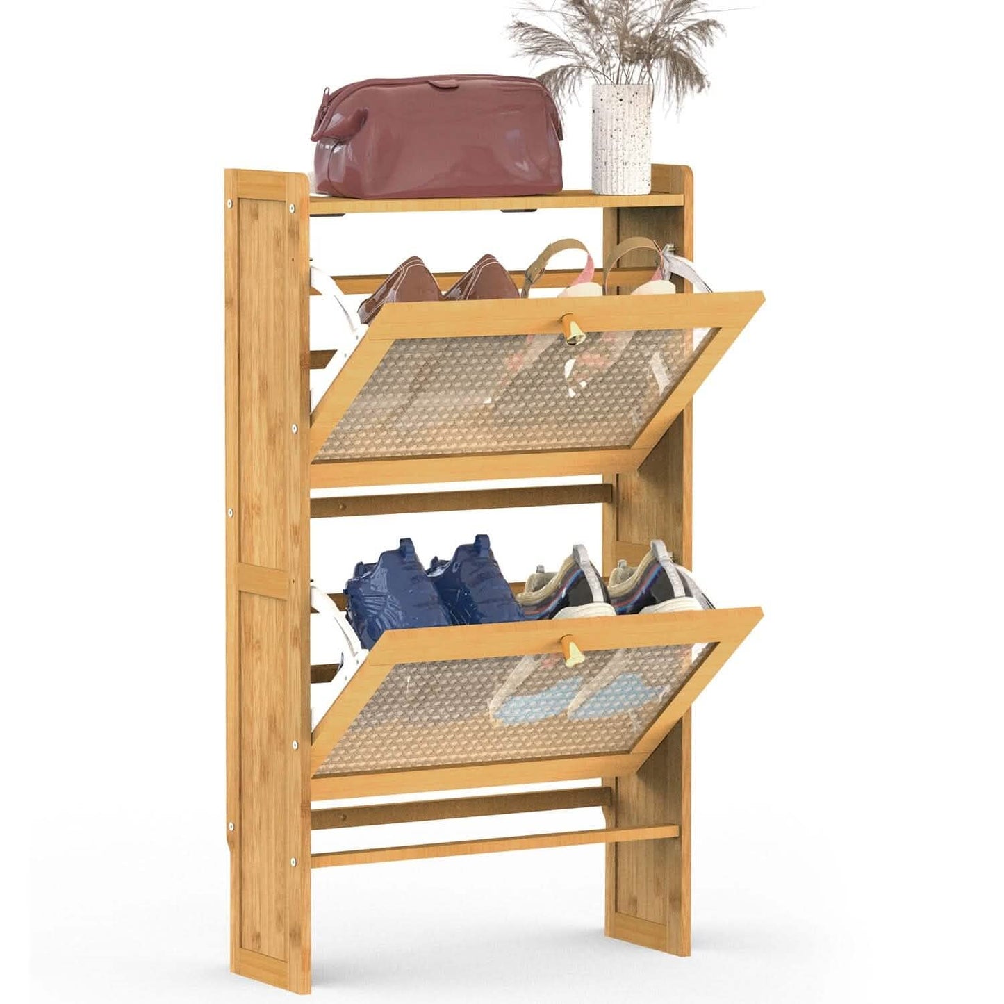 slim bamboo shoe cabinet - 2-tier flip drawer organizer in a entryway setup