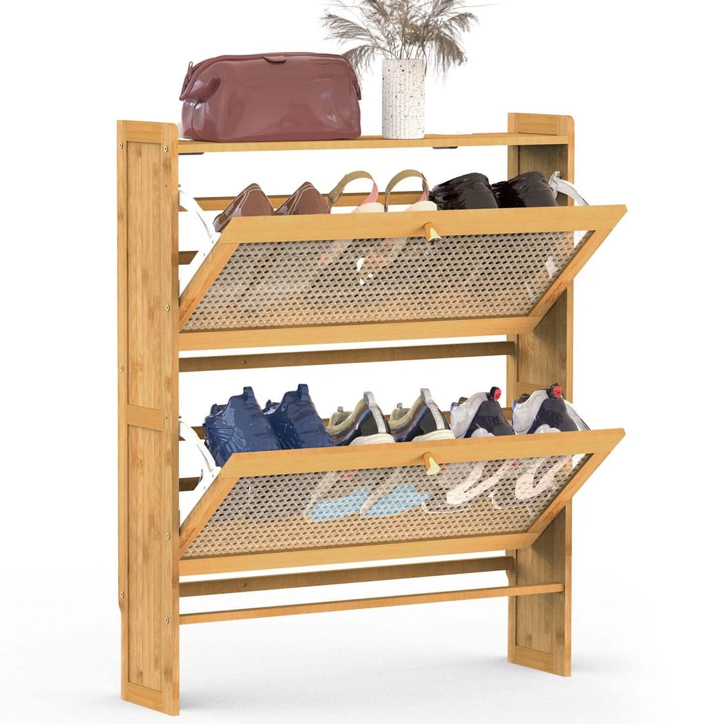 Slim Bamboo Shoe Cabinet - 2-Tier Flip Drawer Organizer for entryway