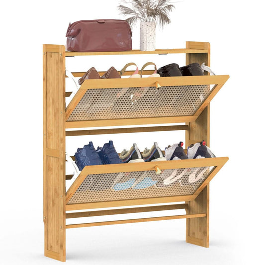 Slim Bamboo Shoe Cabinet - 2-Tier Flip Drawer Organizer for entryway