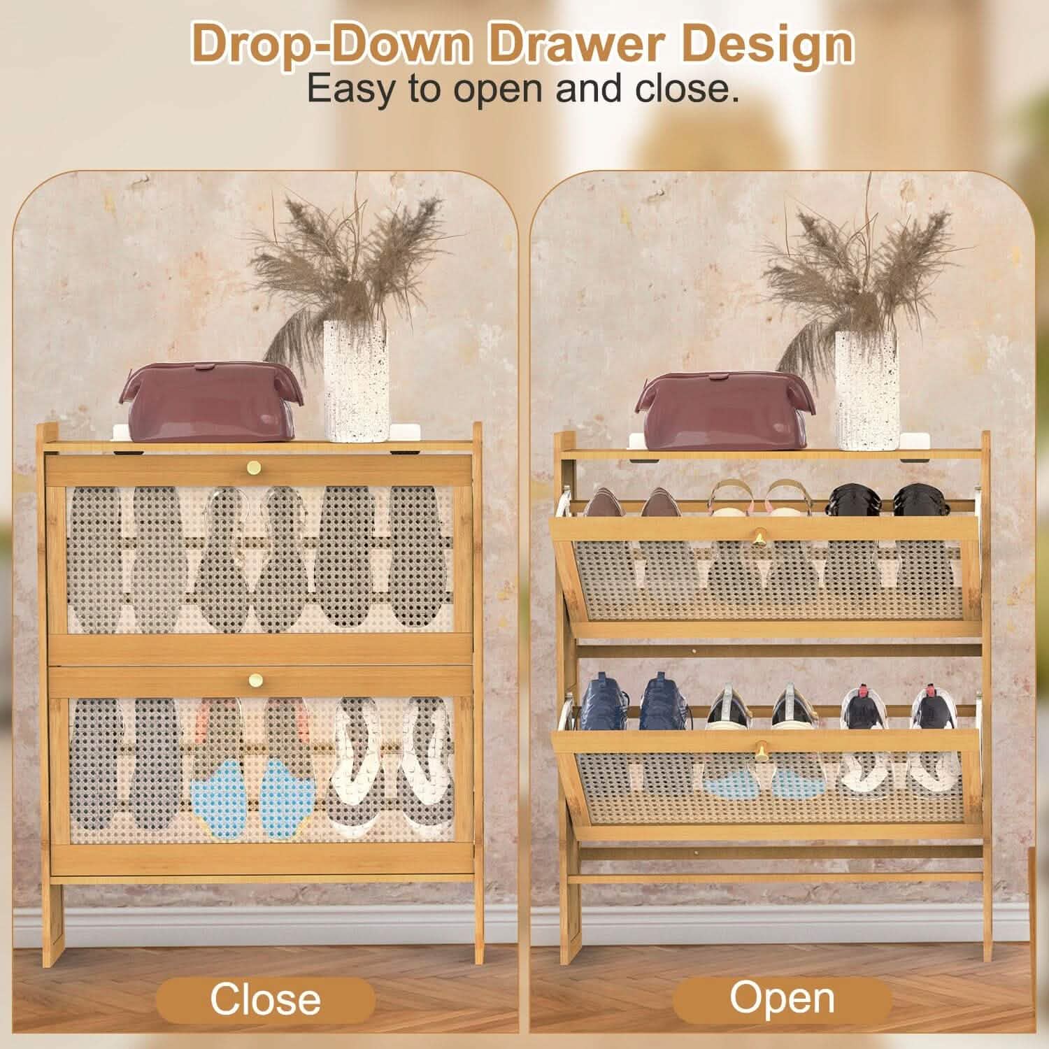 Slim Bamboo Shoe Cabinet - 2-Tier Flip Drawer Organizer for entryway
