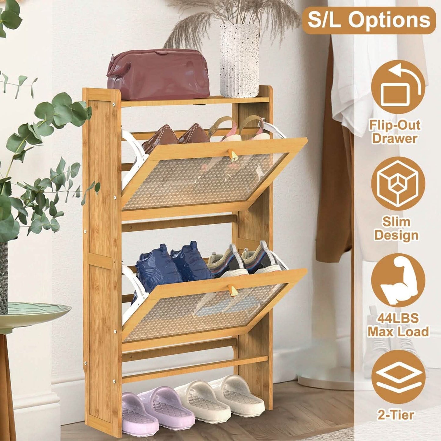 Slim Bamboo Shoe Cabinet - 2-Tier Flip Drawer Organizer organizer detail