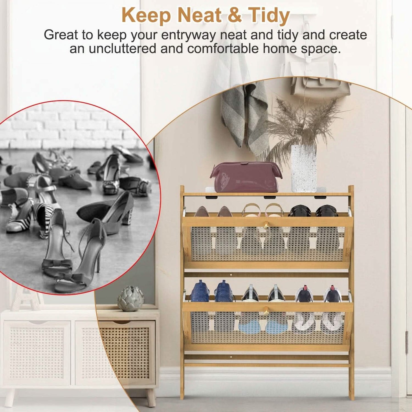 slim bamboo shoe cabinet - 2-tier flip drawer organizer in a entryway setup