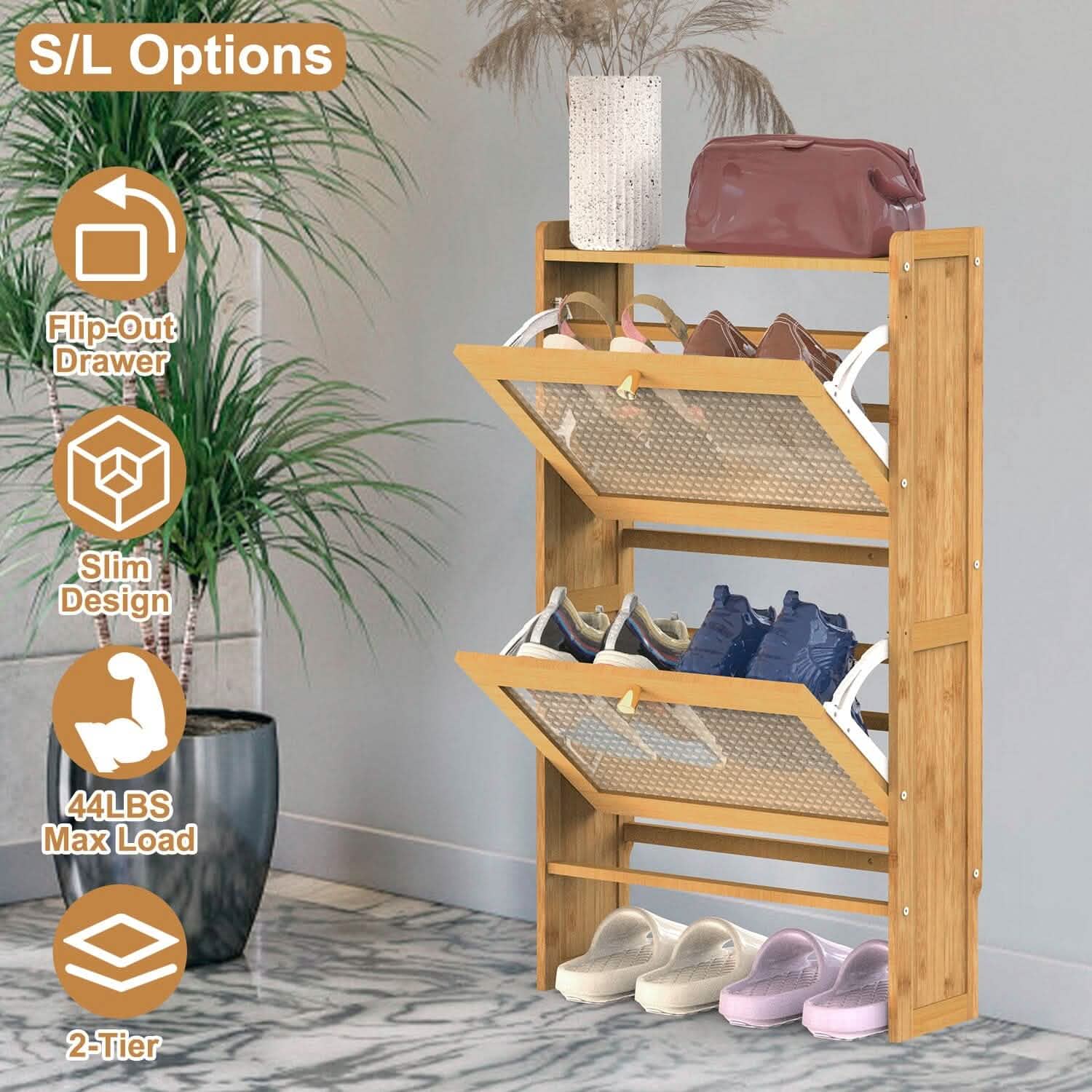 Slim Bamboo Shoe Cabinet - 2-Tier Flip Drawer Organizer organizer detail