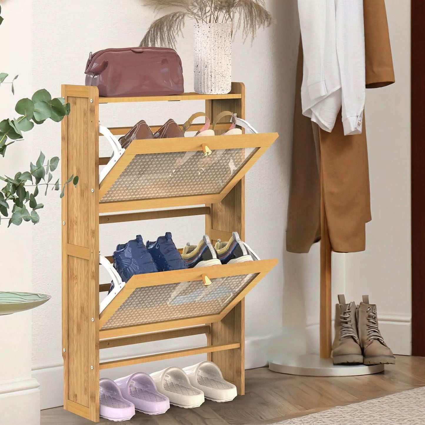 Slim Bamboo Shoe Cabinet - 2-Tier Flip Drawer Organizer for entryway