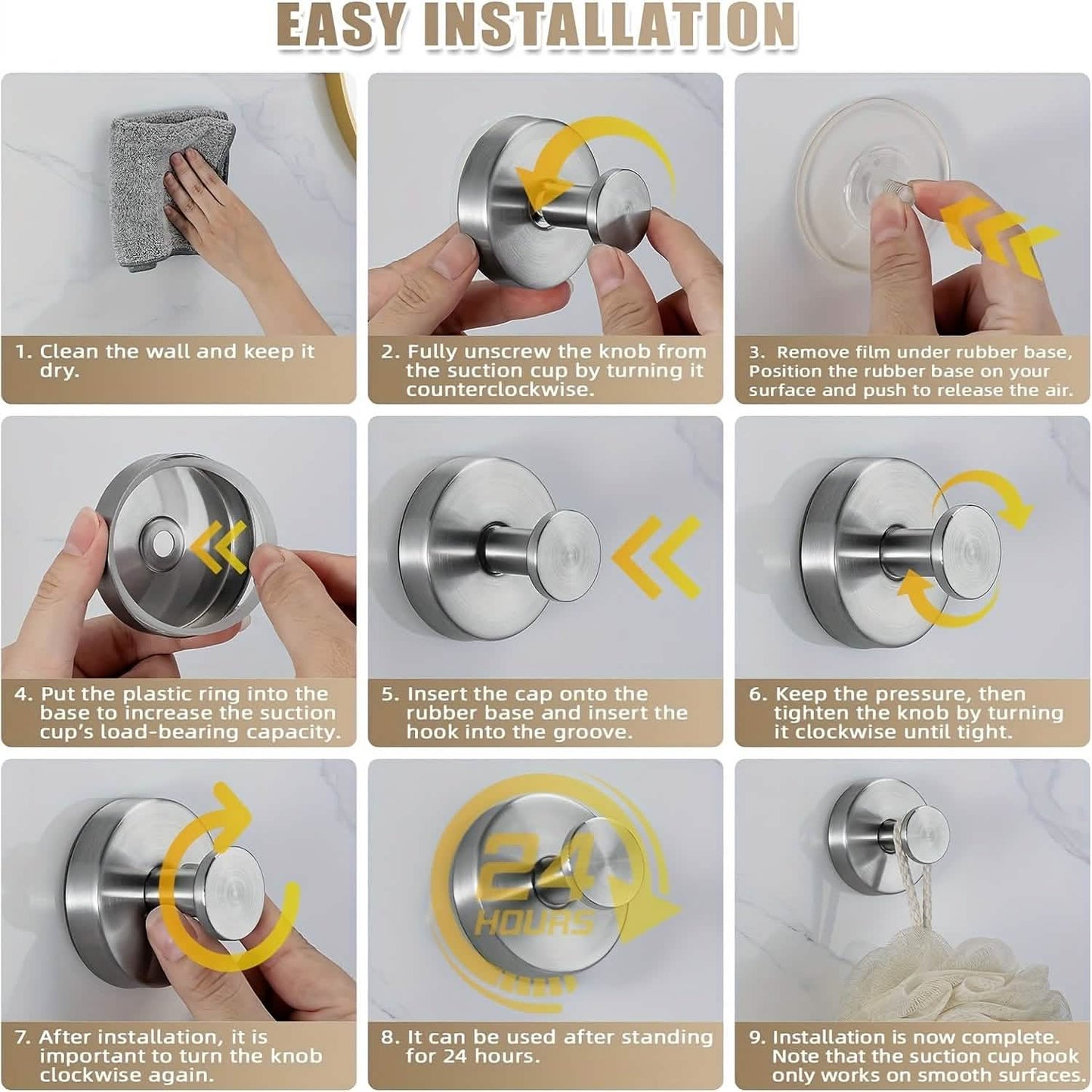 strong suction cup hooks 2-pack - no-drill stainless steel in a bathroom or kitchen wall setup