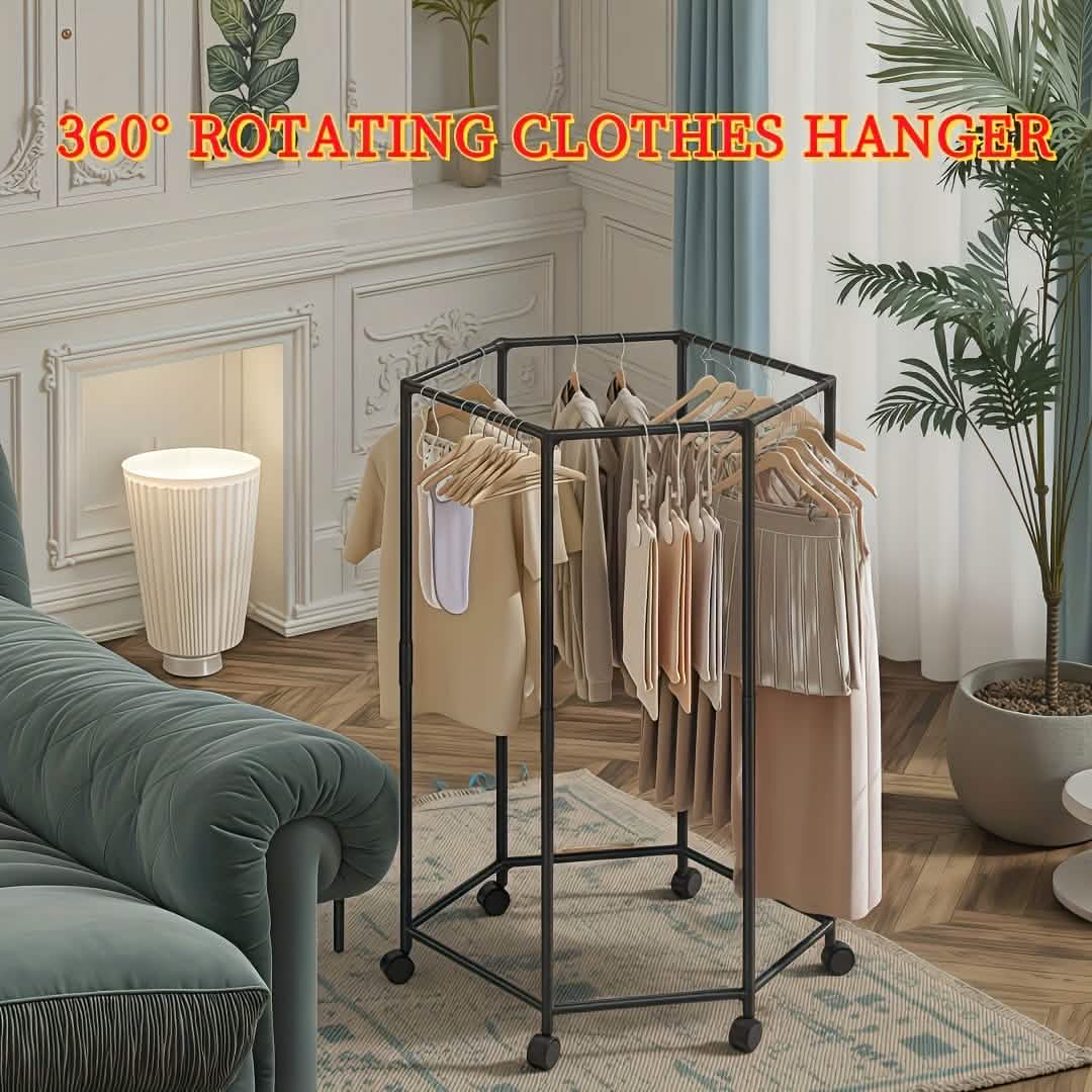 360° rotating clothing rack - freestanding organizer with wheels in a bedroom or laundry area setup