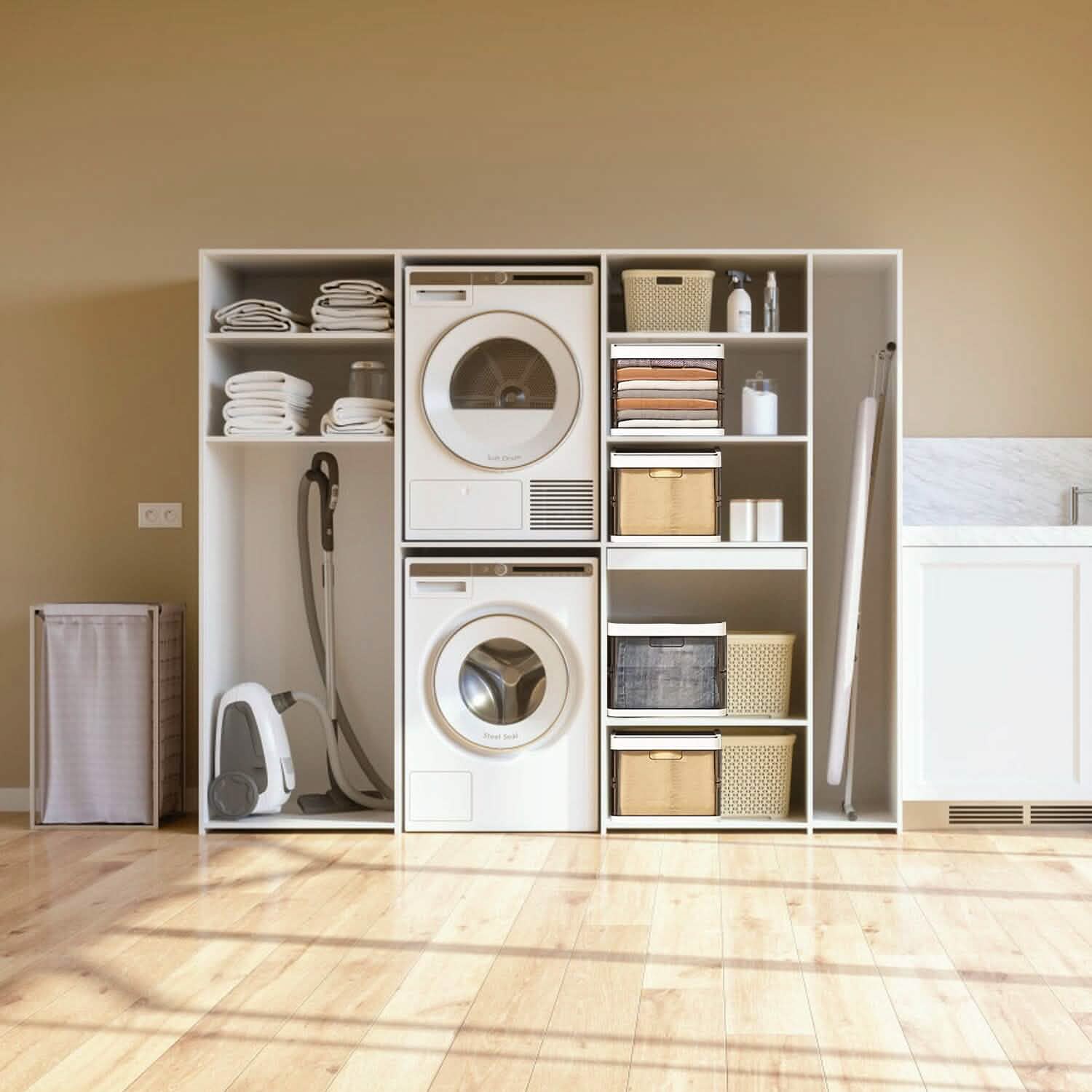 foldable storage bins with lids 3-pack - stackable closet organizers in a closet, shelf, or bedroom setup