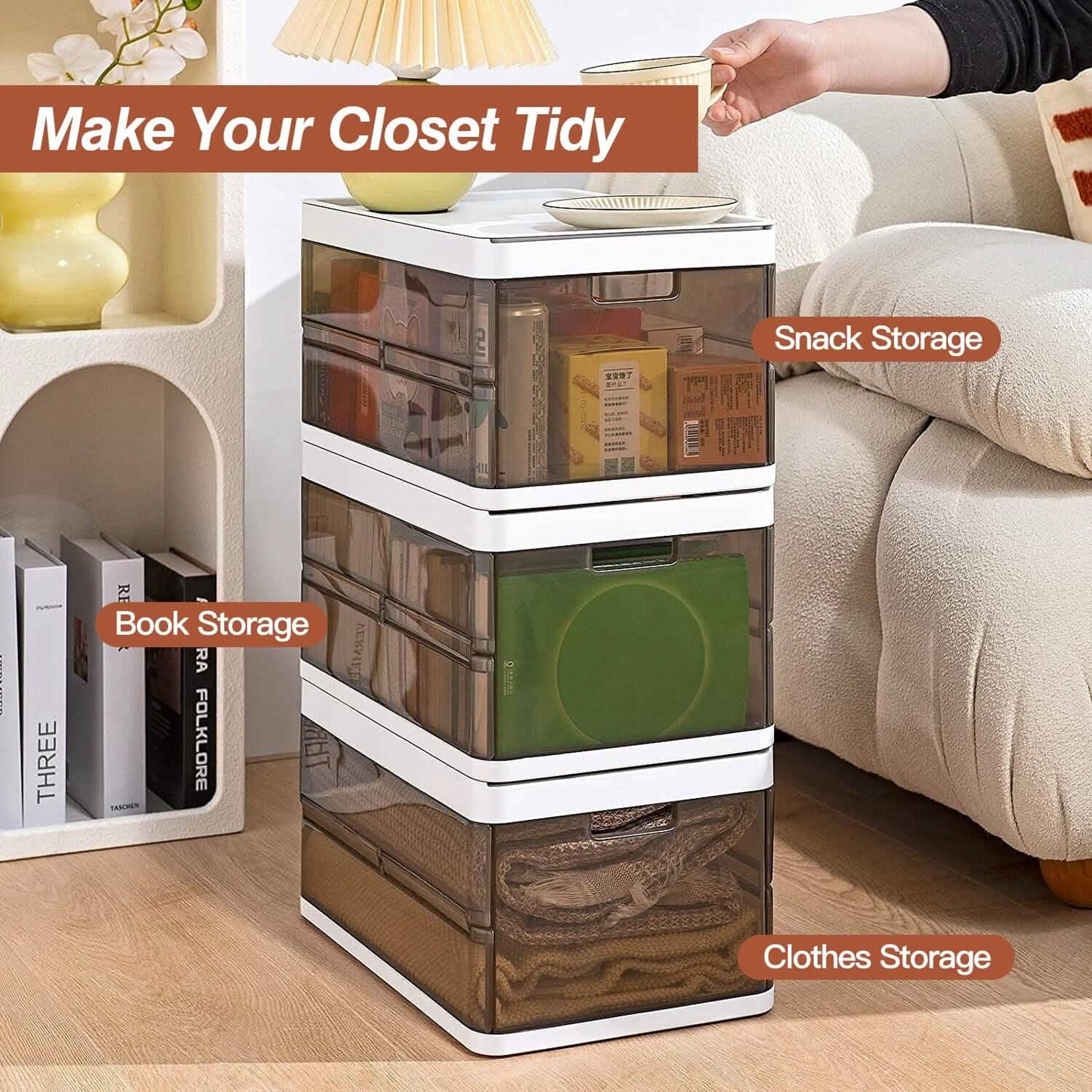 Foldable Storage Bins with Lids 3-Pack - Stackable Closet Organizers for closet, shelf, or bedroom
