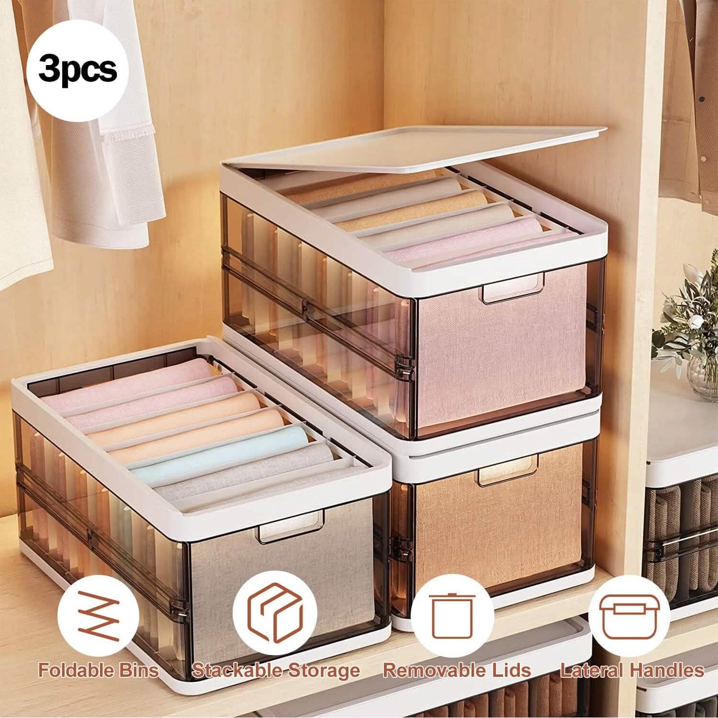 foldable storage bins with lids 3-pack - stackable closet organizers in a closet, shelf, or bedroom setup