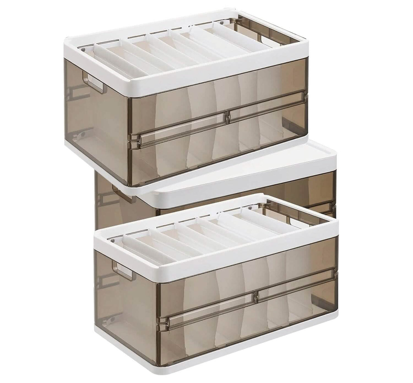 foldable storage bins with lids 3-pack - stackable closet organizers in a closet, shelf, or bedroom setup
