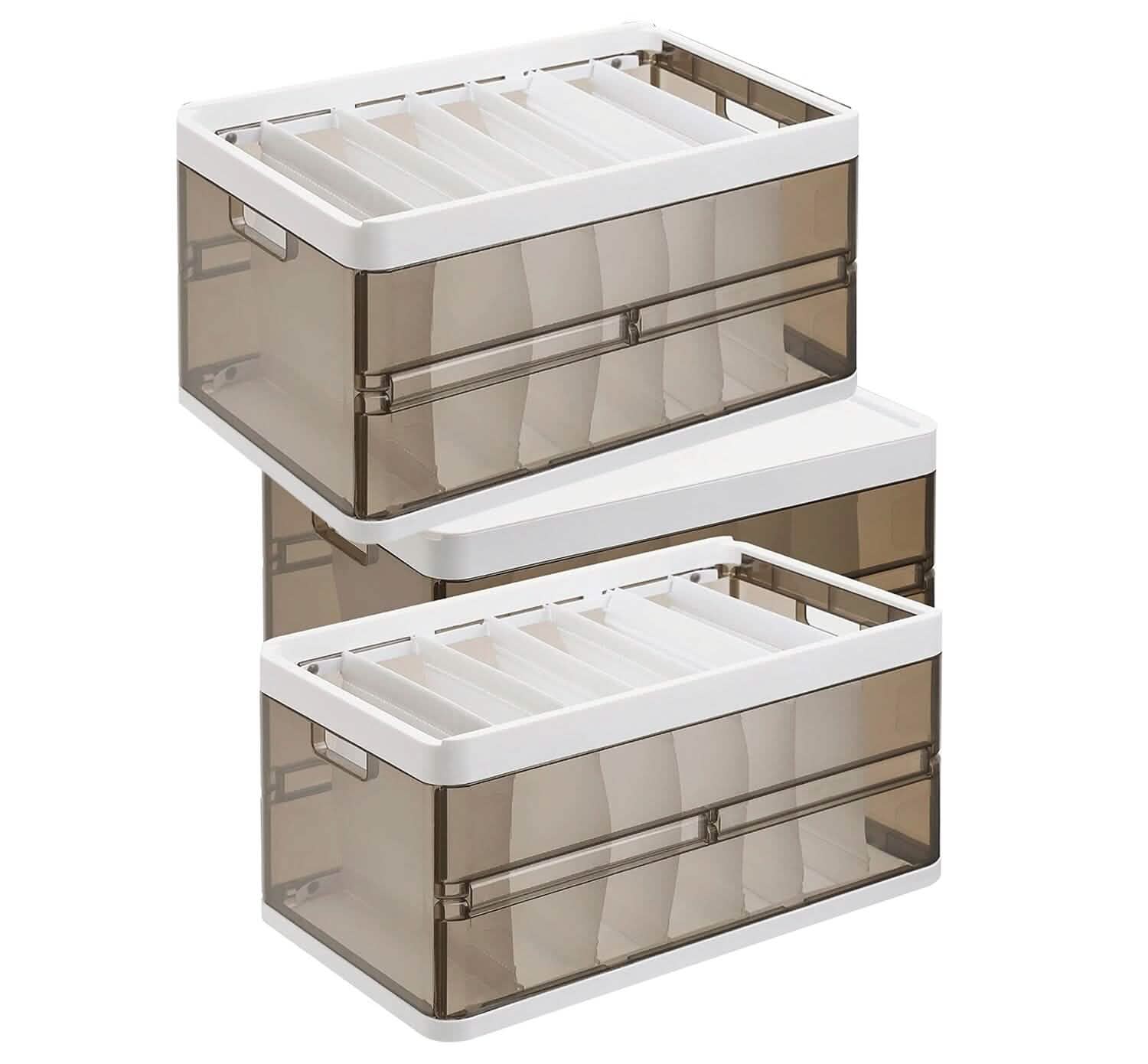 foldable storage bins with lids 3-pack - stackable closet organizers in a closet, shelf, or bedroom setup