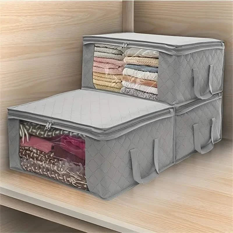 foldable clothes storage bags 3-piece set - large capacity organizers in a closet, shelf, or bedroom setup