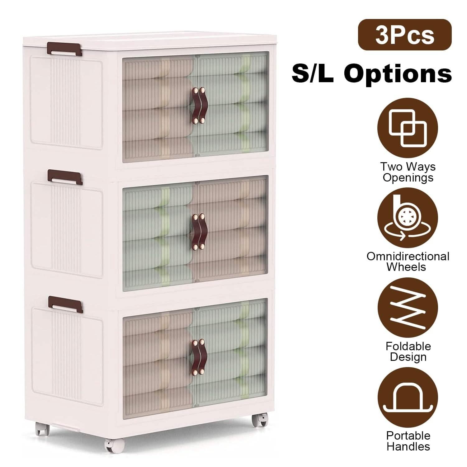 Stackable Storage Bins with Front Door 3-Pack - Foldable Organizers for closet, shelf, or bedroom