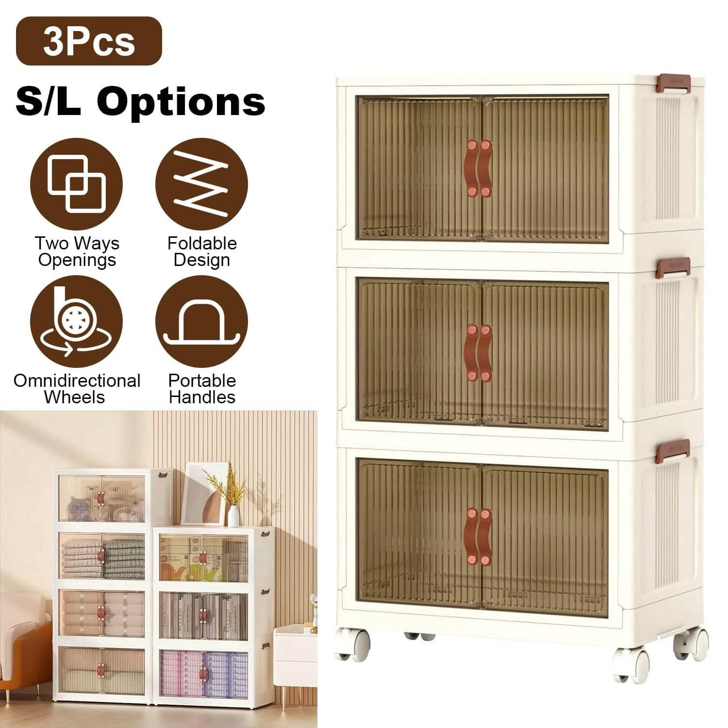 Stackable Storage Bins with Front Door 3-Pack - Foldable Organizers organizer detail