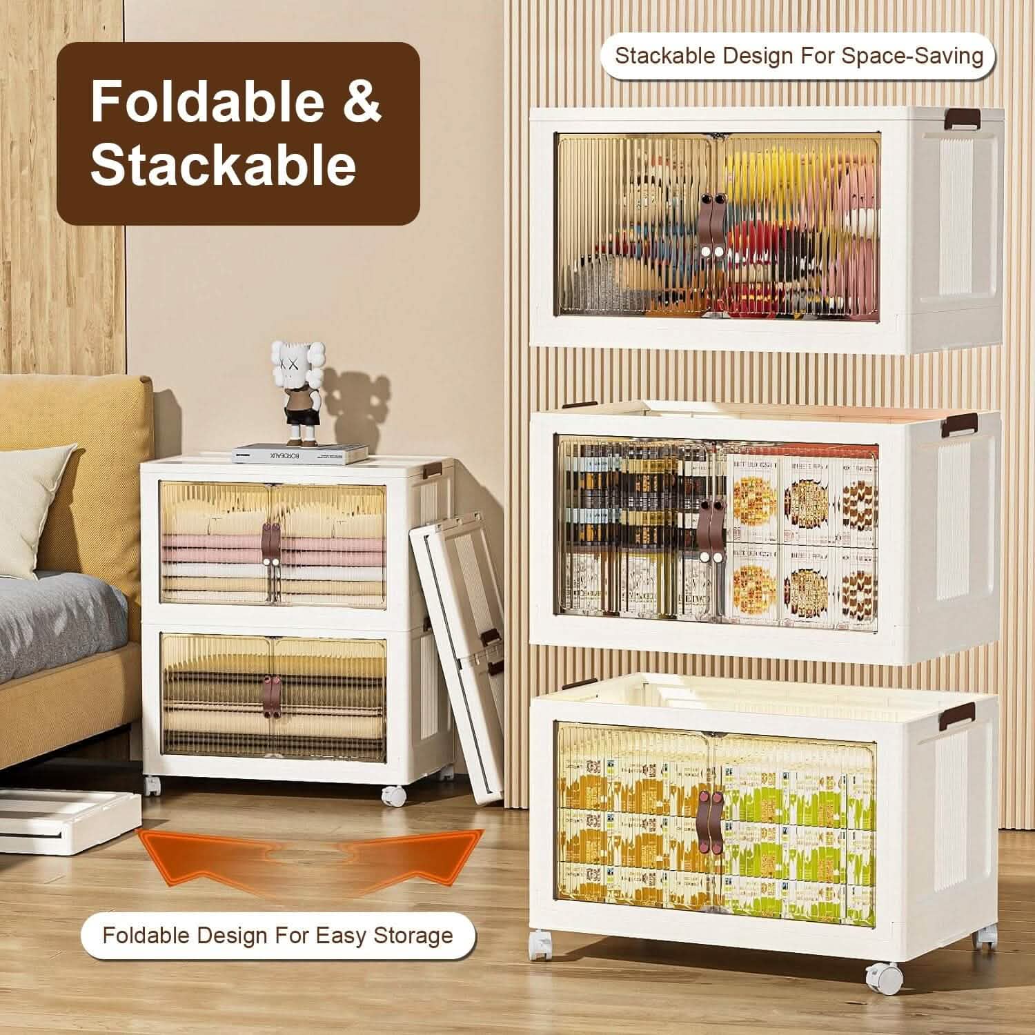 stackable storage bins with front door 3-pack - foldable organizers in a closet, shelf, or bedroom setup
