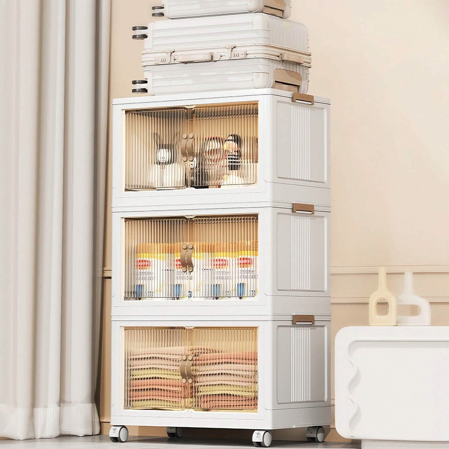 Stackable Storage Bins with Front Door 3-Pack - Foldable Organizers organizer detail