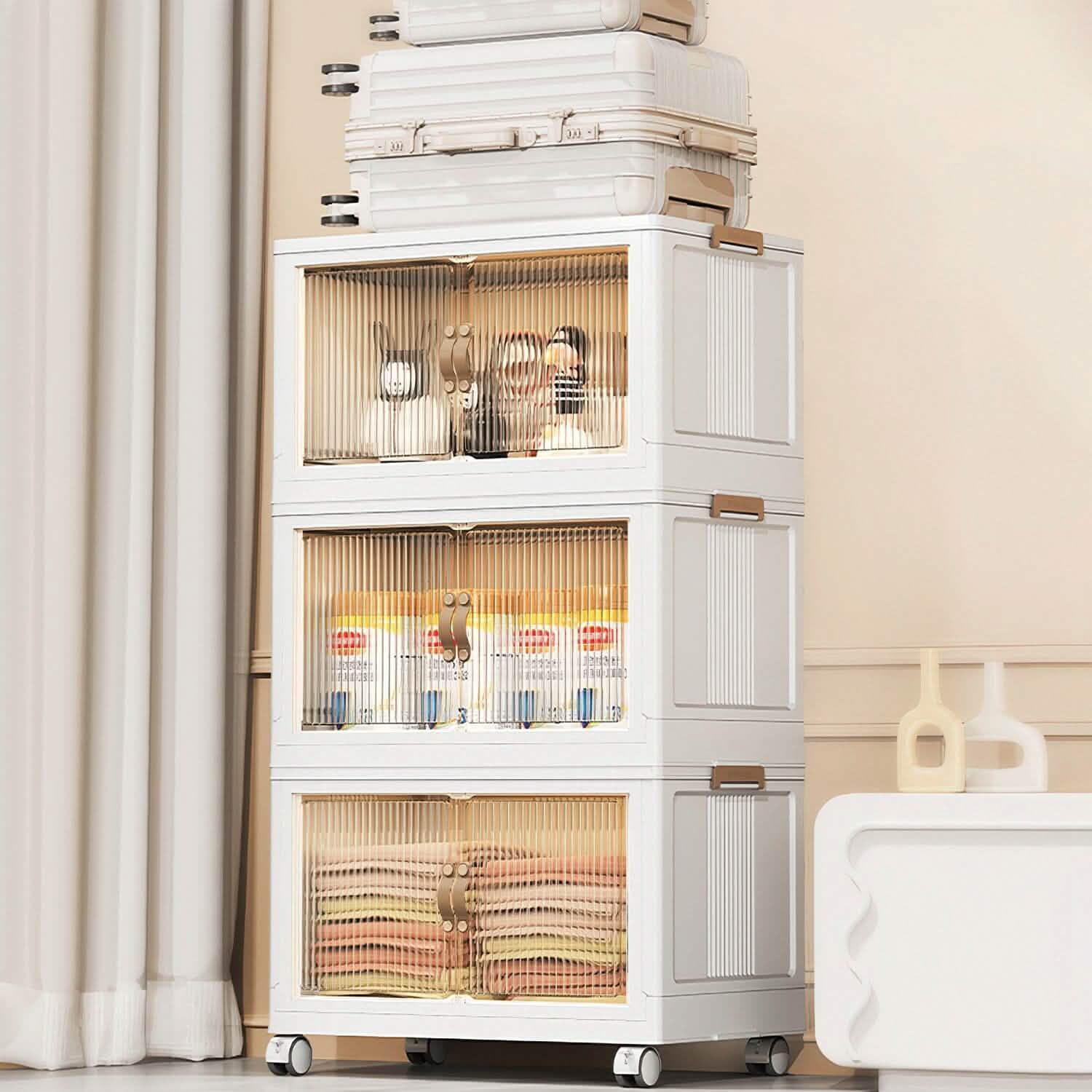 Stackable Storage Bins with Front Door 3-Pack - Foldable Organizers organizer detail