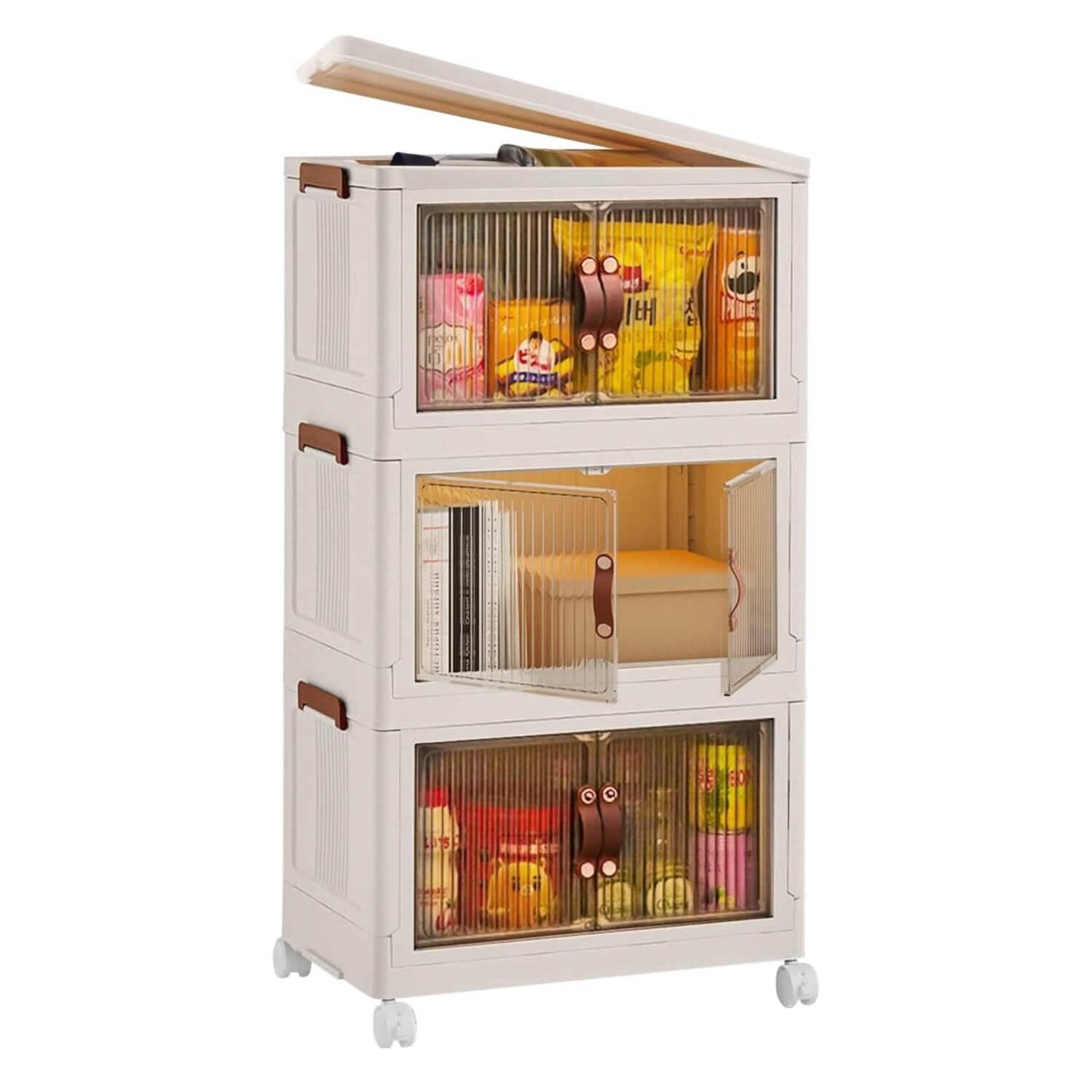 stackable storage bins with front door 3-pack - foldable organizers in a closet, shelf, or bedroom setup