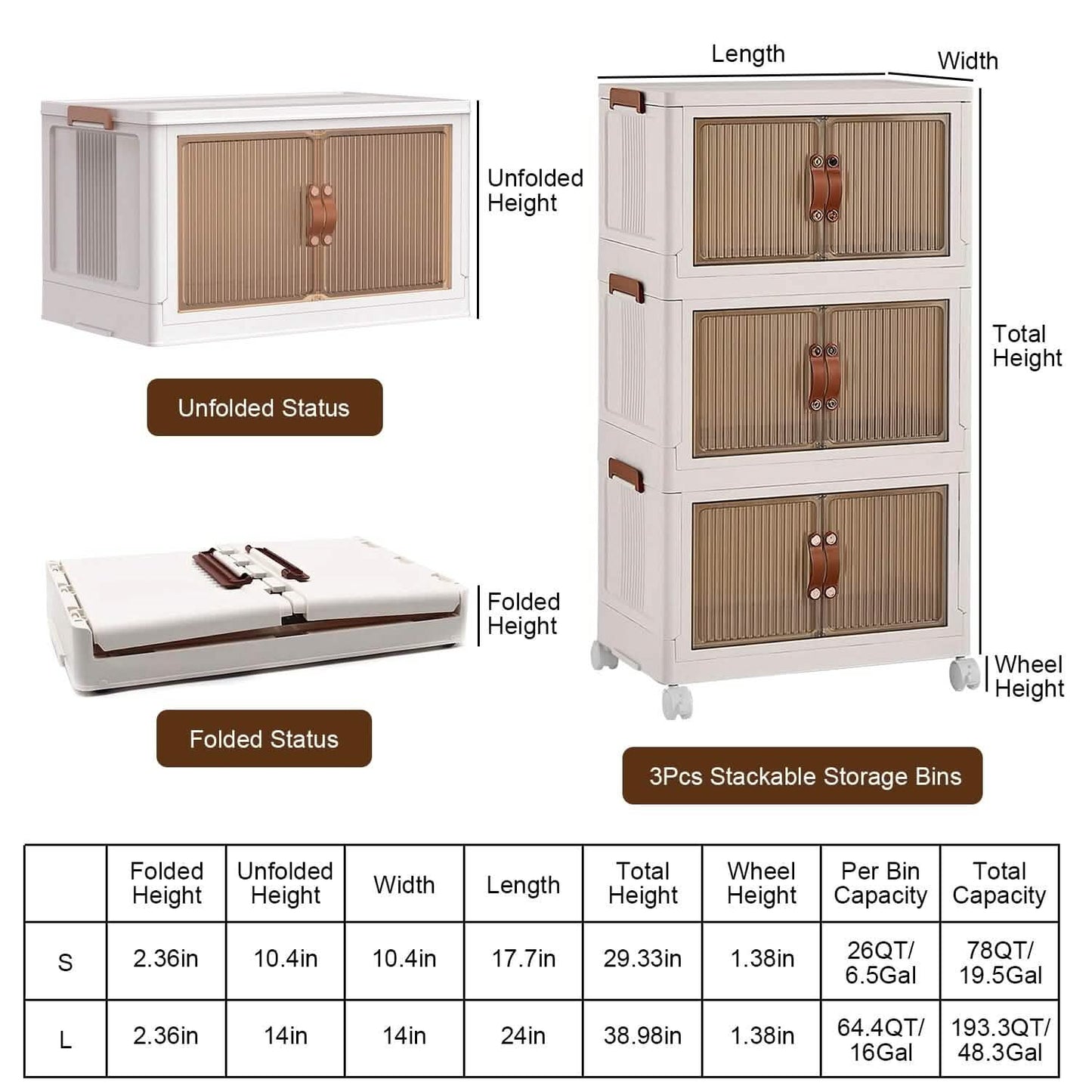 stackable storage bins with front door 3-pack - foldable organizers in a closet, shelf, or bedroom setup