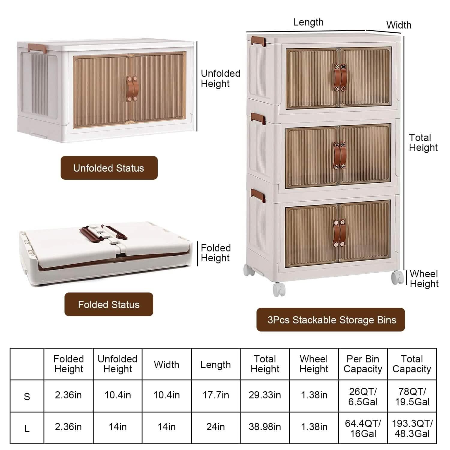 stackable storage bins with front door 3-pack - foldable organizers in a closet, shelf, or bedroom setup