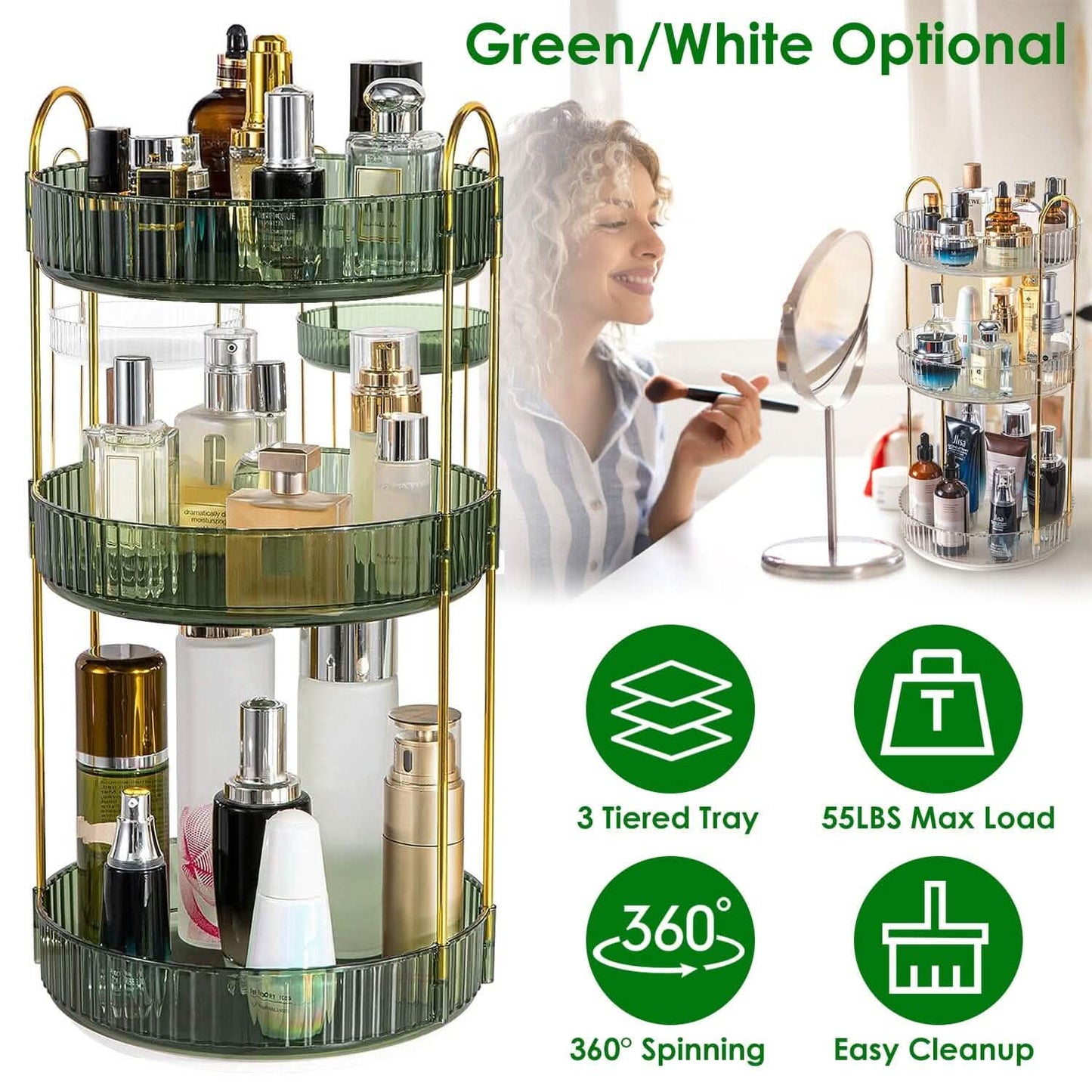 360 Rotating Makeup Organizer 3-Tier - Countertop Cosmetic Storage for vanity or countertop