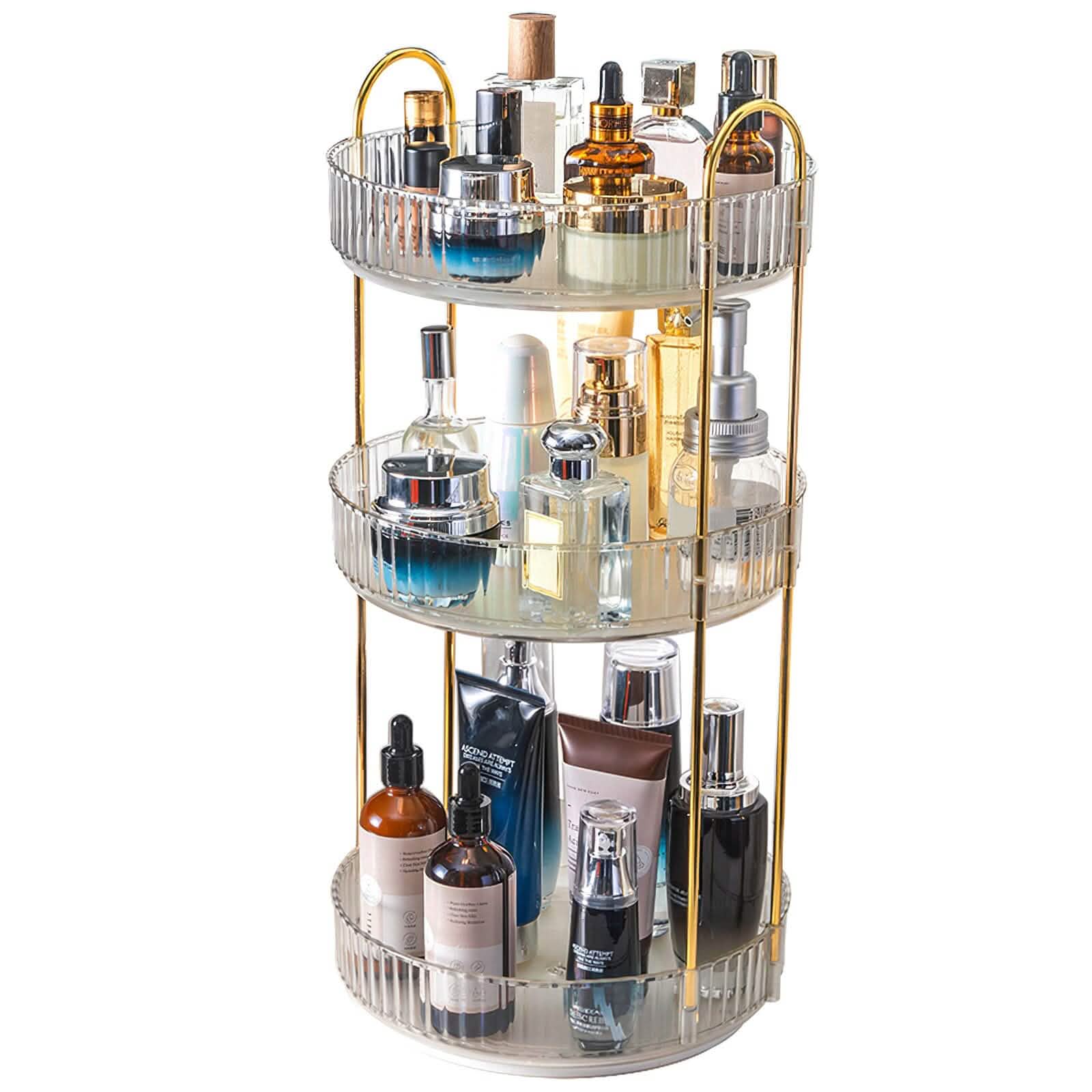 360 rotating makeup organizer 3-tier - countertop cosmetic storage in a vanity or countertop setup