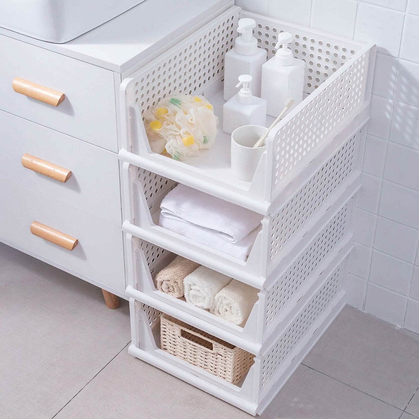 Stackable Storage Boxes with Drawers 4-Pack - Foldable Closet Organizer organizer detail