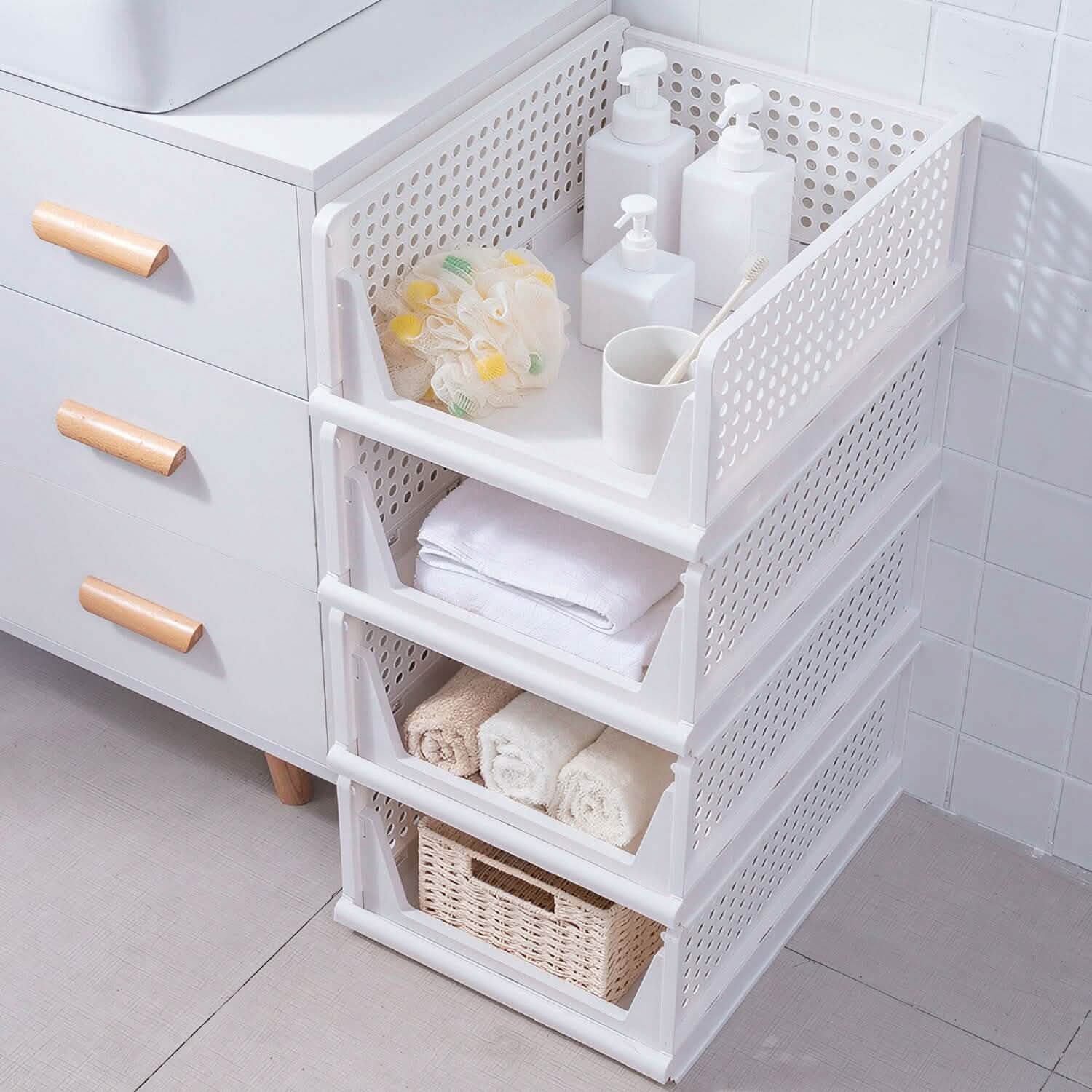 Stackable Storage Boxes with Drawers 4-Pack - Foldable Closet Organizer organizer detail
