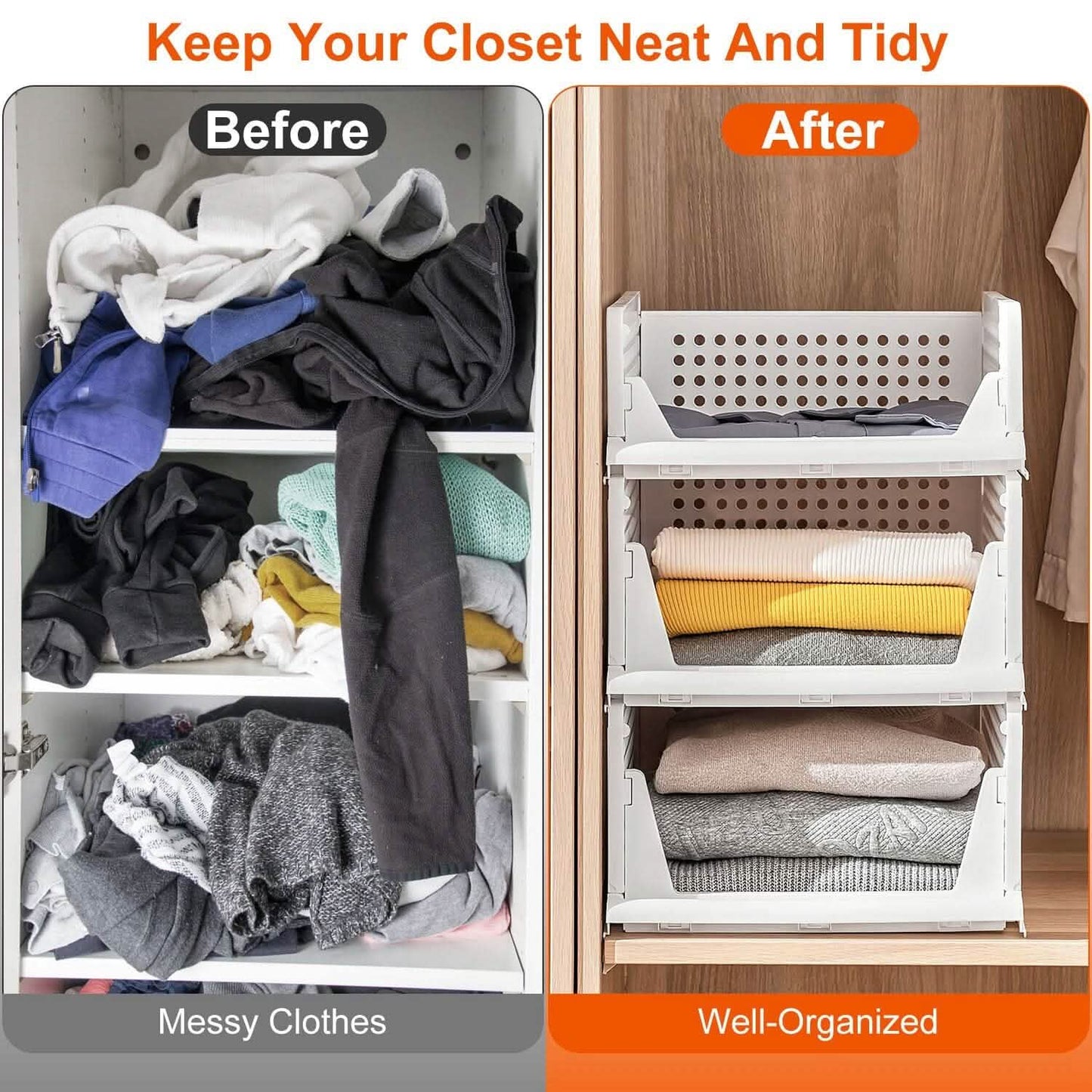 Stackable Storage Boxes with Drawers 4-Pack - Foldable Closet Organizer organizer detail