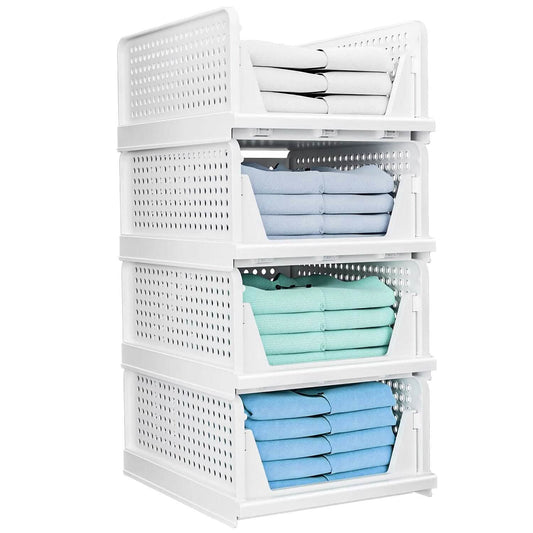 Stackable Storage Boxes with Drawers 4-Pack - Foldable Closet Organizer for closet, shelf, or bedroom