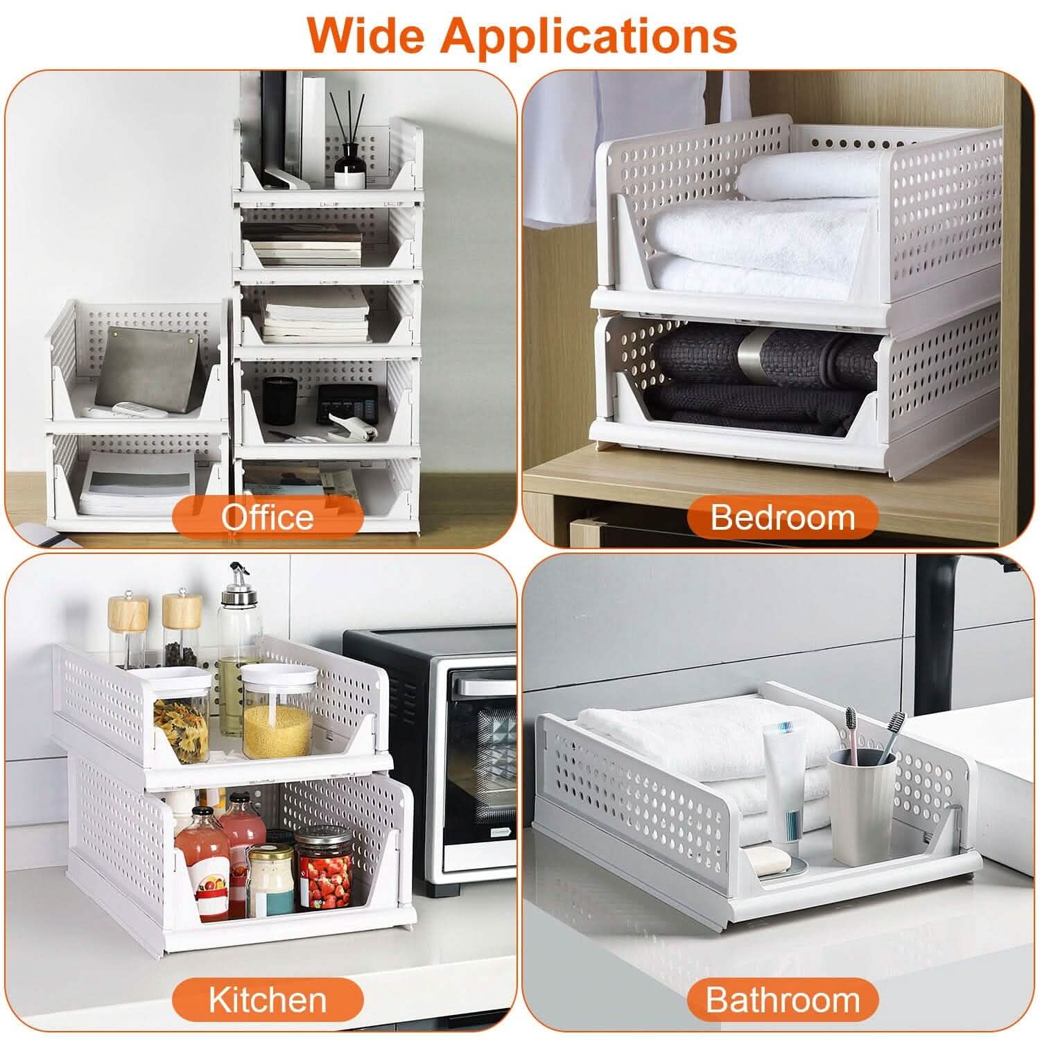Stackable Storage Boxes with Drawers 4-Pack - Foldable Closet Organizer for closet, shelf, or bedroom