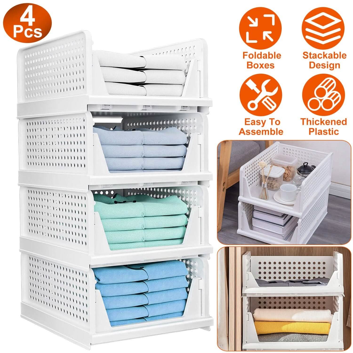 Stackable Storage Boxes with Drawers 4-Pack - Foldable Closet Organizer for closet, shelf, or bedroom