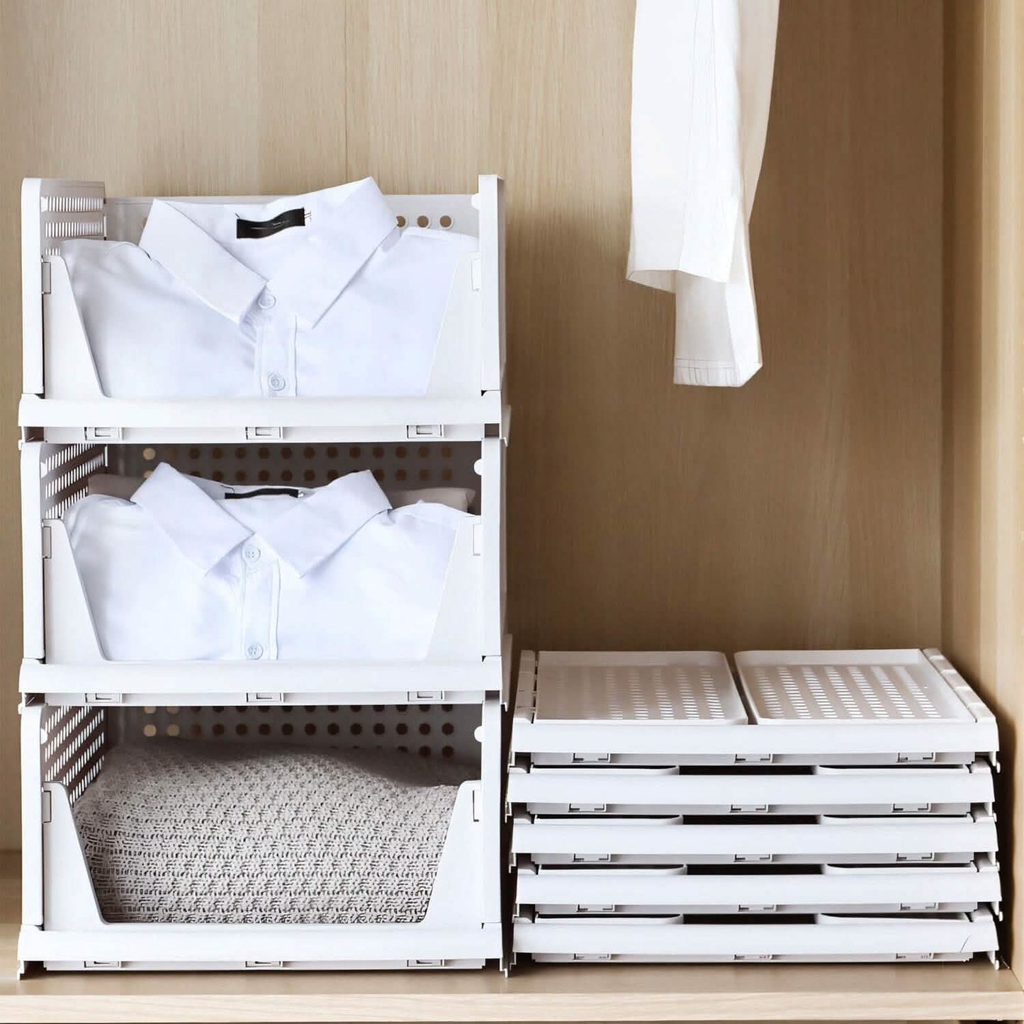 stackable storage boxes with drawers 4-pack - foldable closet organizer in a closet, shelf, or bedroom setup